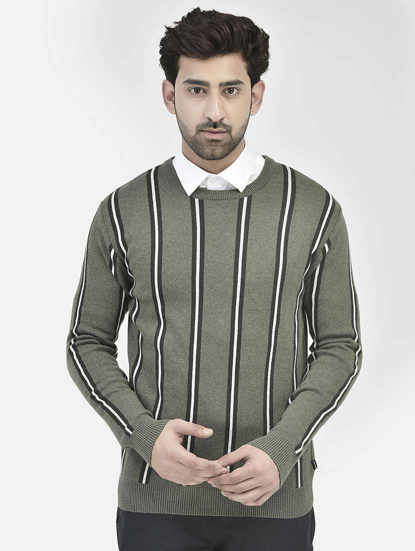 men front striped round neck pullover