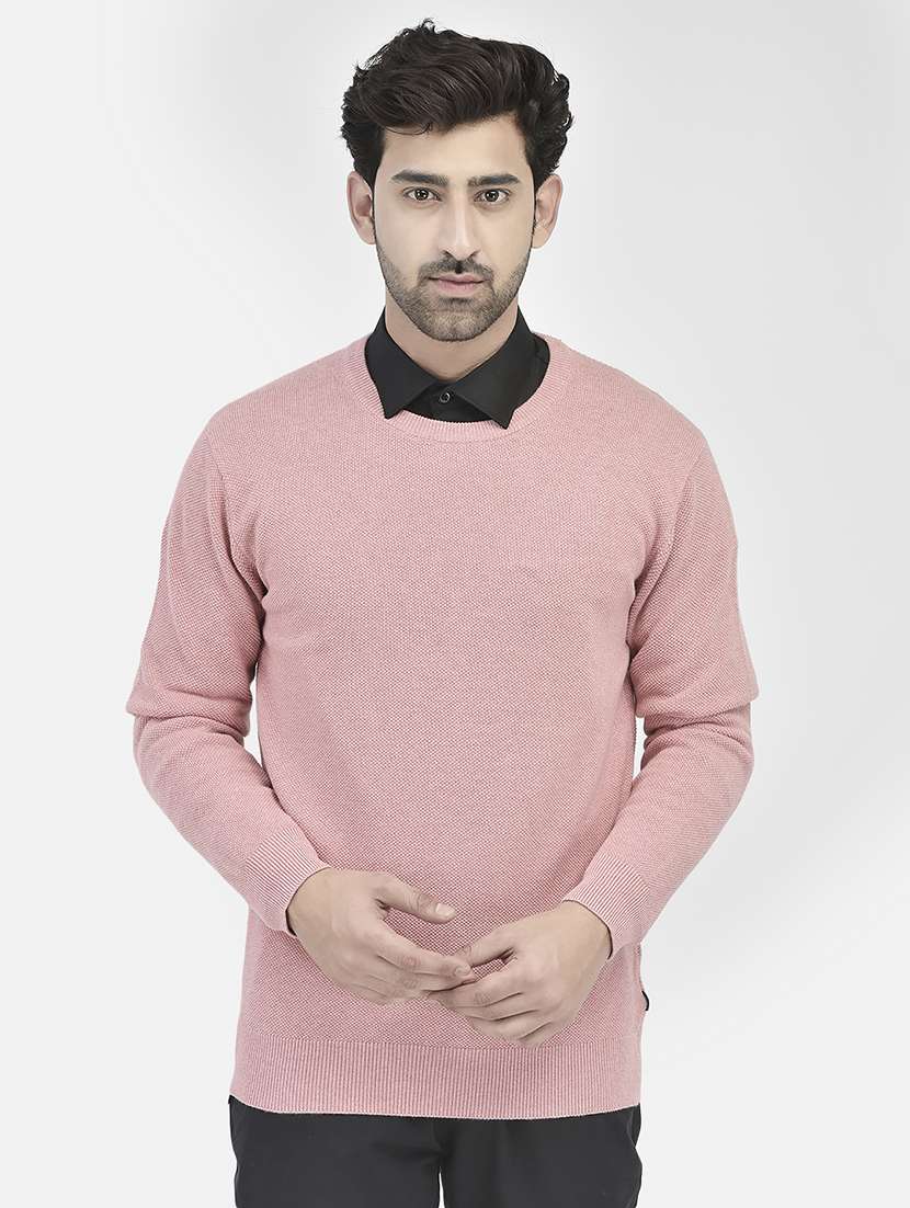 men solid pink round neck pullover