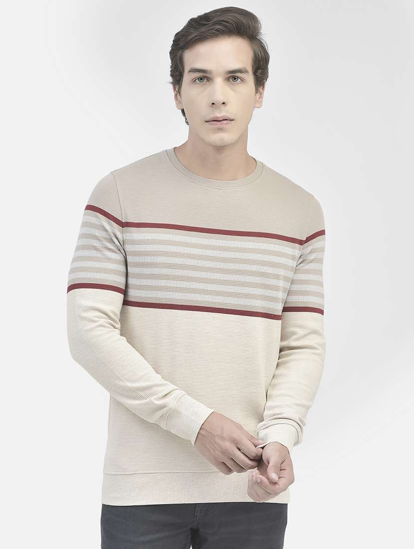 men striped beige cotton blend regular sweatshirt