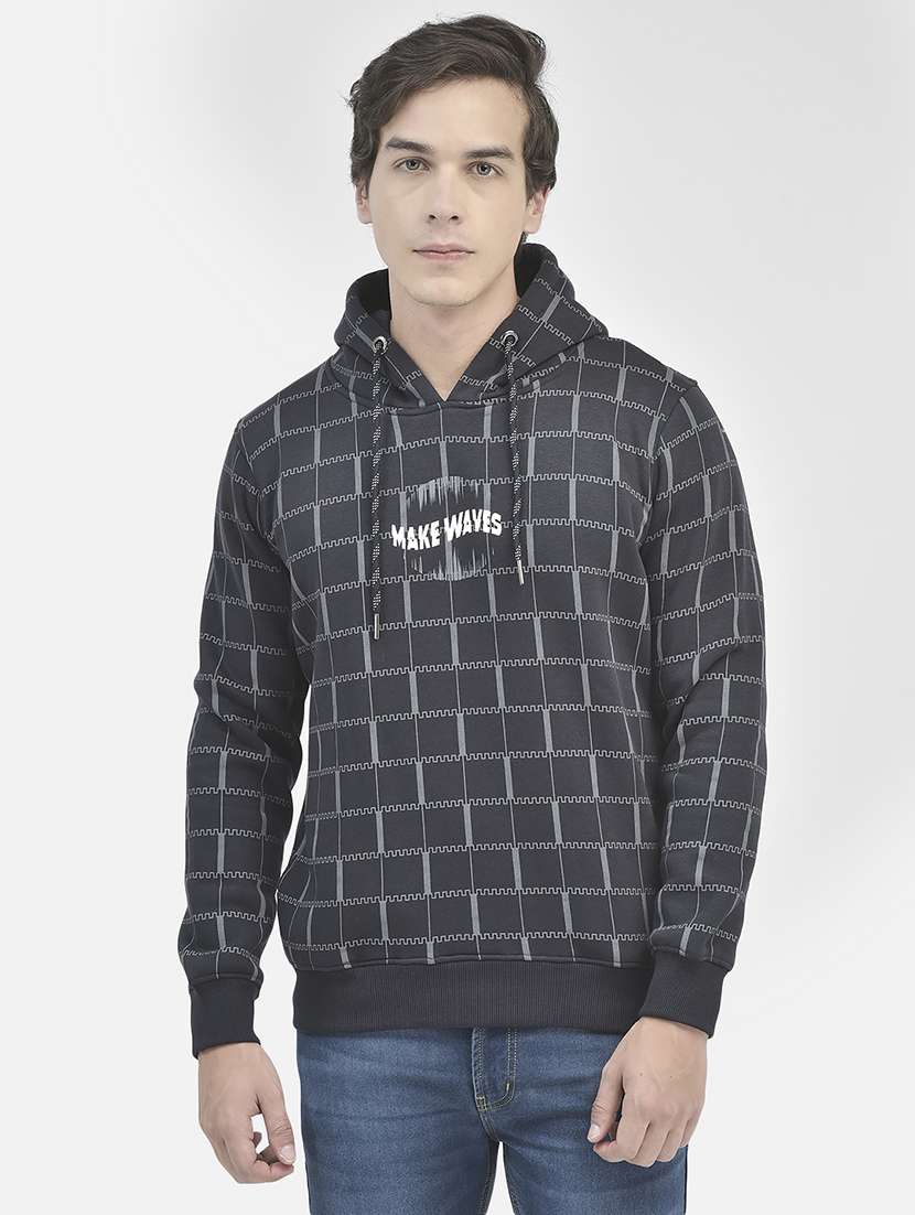 men printed grey cotton blend hooded sweatshirt