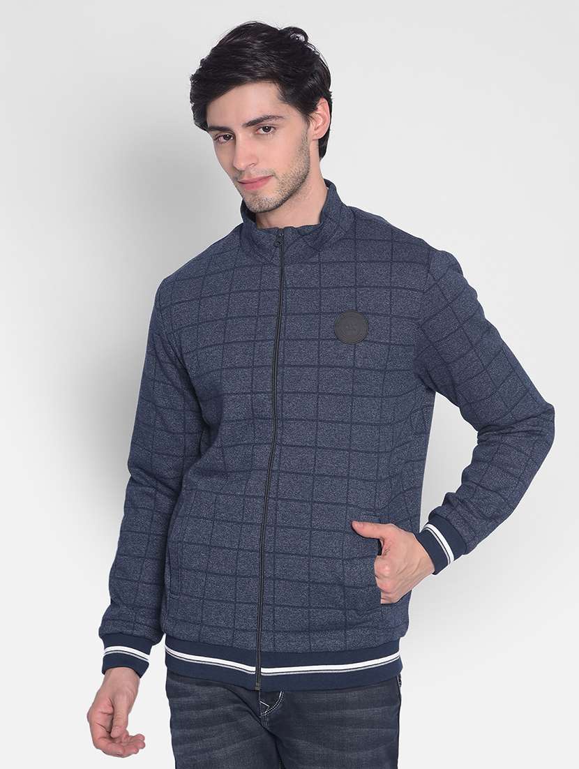 men checkered navy blue cotton blend sweatshirt