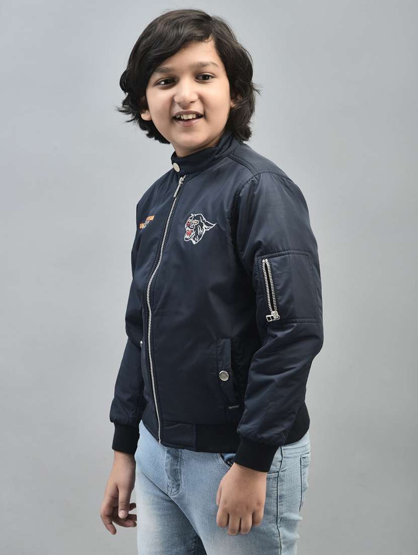 boys navy blue typographic full sleeve bomber jacket - 20547186 -  Standard Image - 2