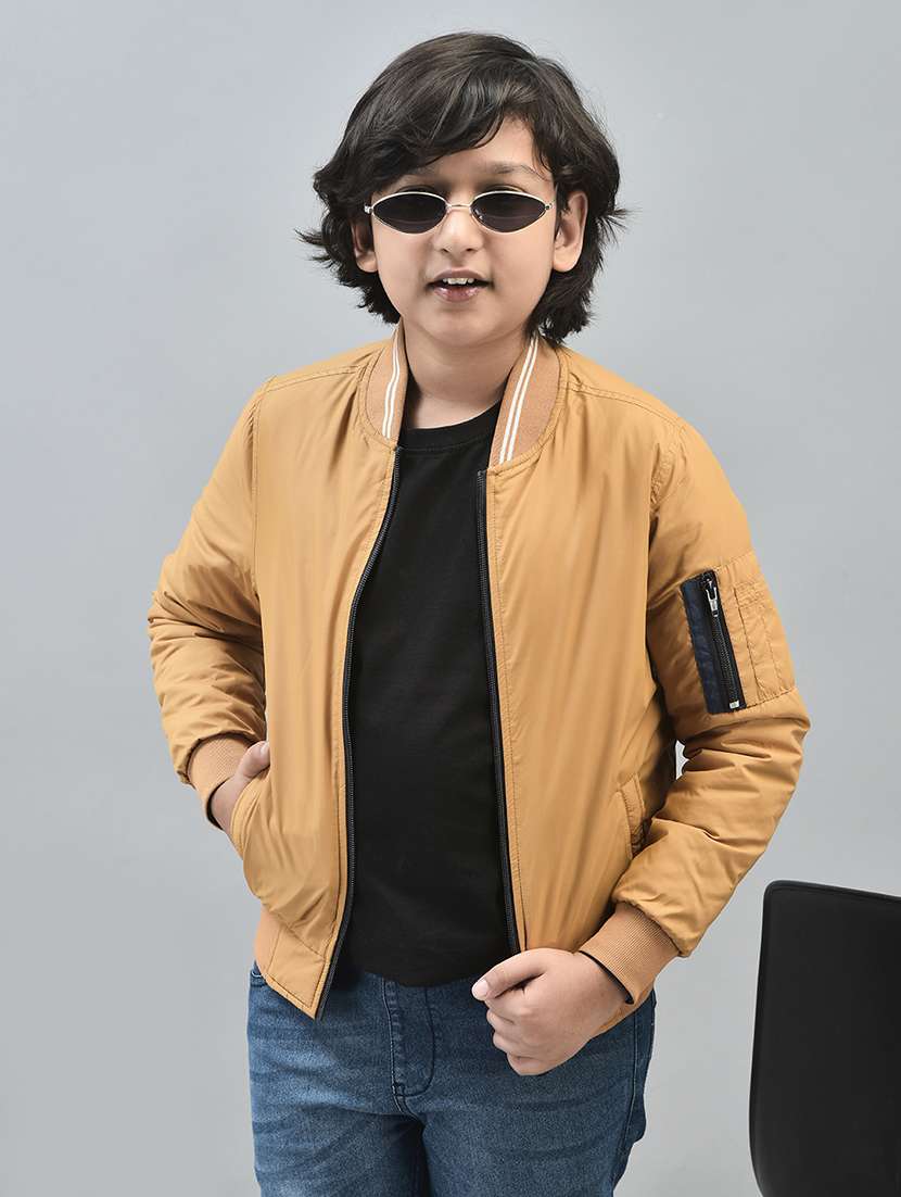 boys mustard solid full sleeve bomber jacket