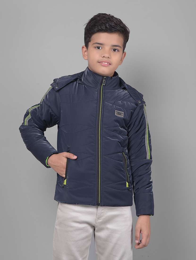 boys blue solid full sleeve hooded puffer jacket