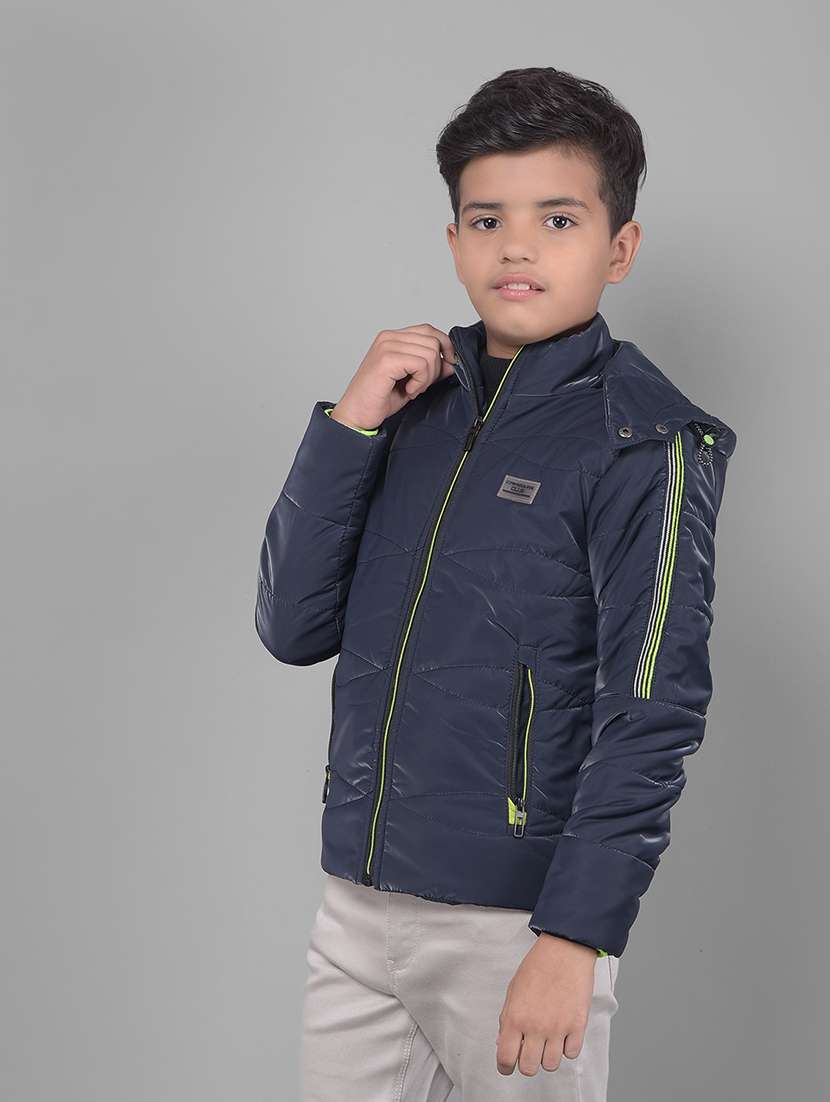 boys blue solid full sleeve hooded puffer jacket - 20547194 -  Standard Image - 2