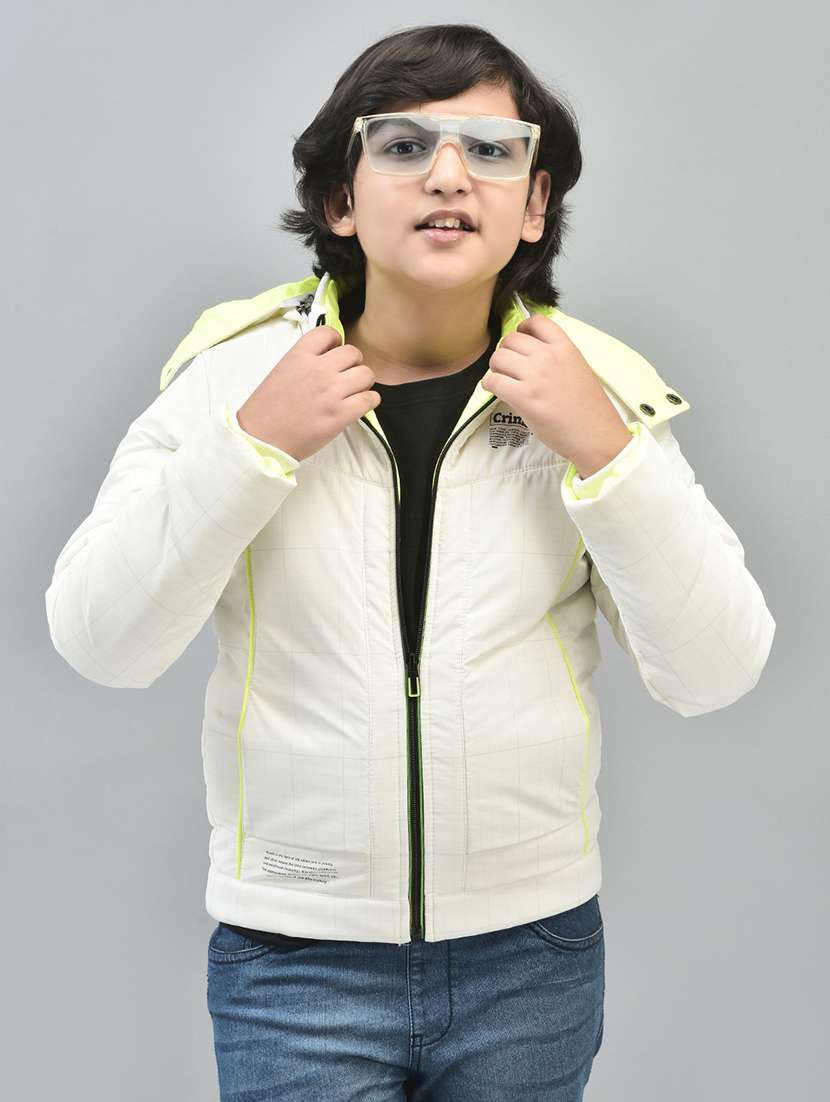 boys yellow check printed full sleeve hooded puffer jacket - 20547196 - Standard Image - 2