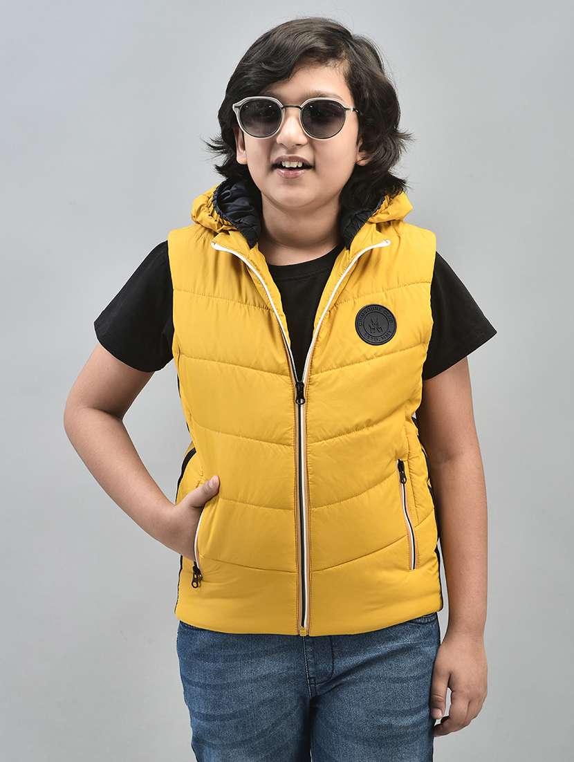 boys mustard solid sleeveless hooded quilted jacket - 20547197 -  Standard Image - 2