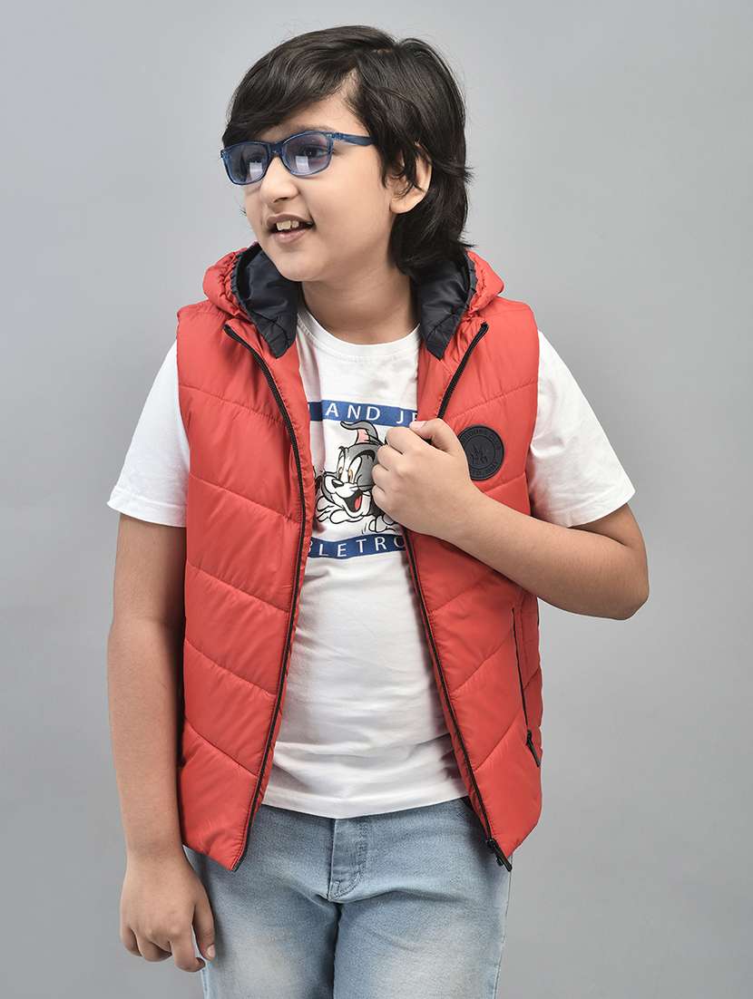 boys red solid sleeveless hooded quilted jacket - 20547198 -  Standard Image - 2