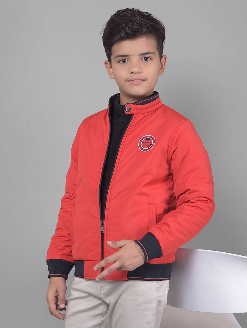 boys red solid full sleeve bomber jacket