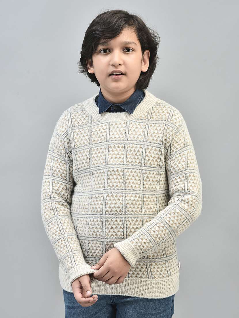 boys beige check printed full sleeve sweater