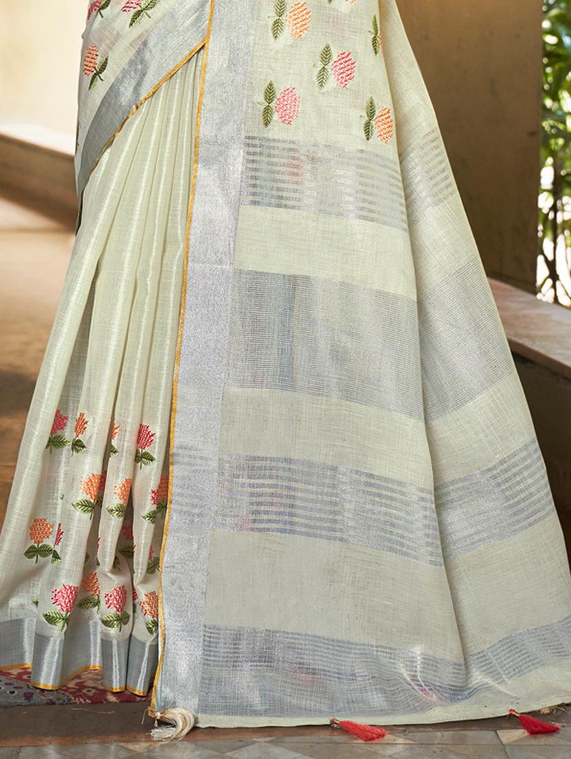 women's solid with work cream colored saree with blouse - 20547527 - Standard Image - 2