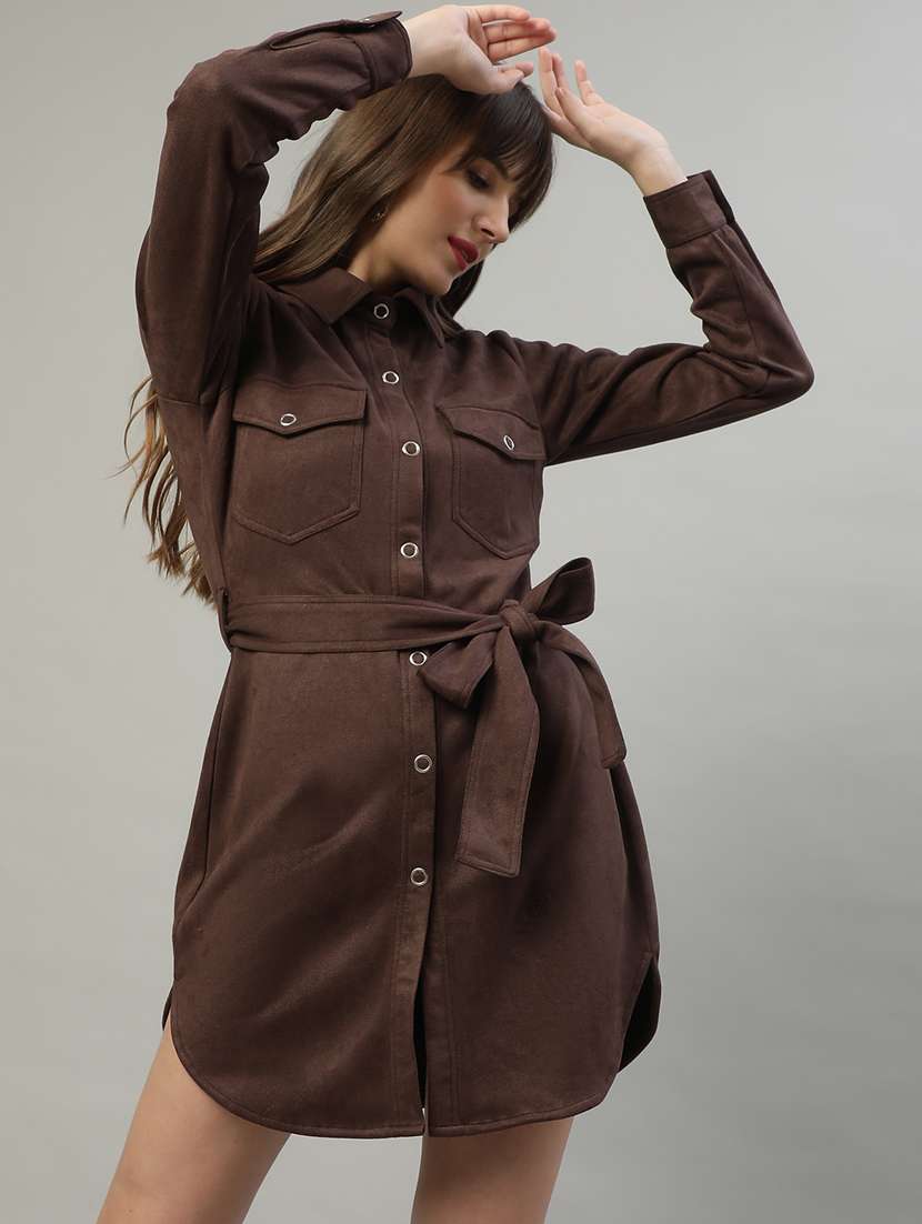 women solid button downed shirt  dress - 20550032 -  Standard Image - 2