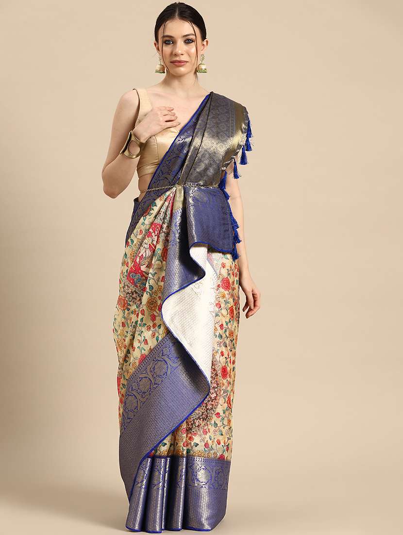 women's bordered beige colored saree with blouse
