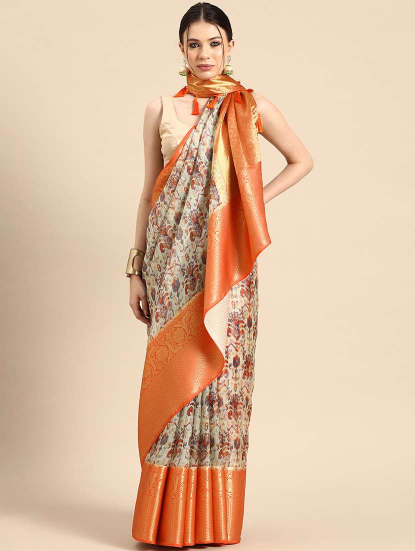 women's printed cream colored saree