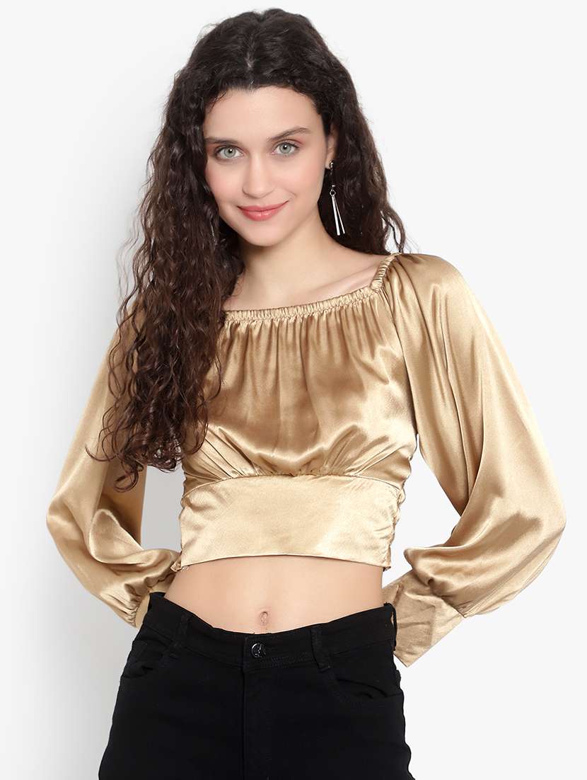 women solid smocked detailed crop top