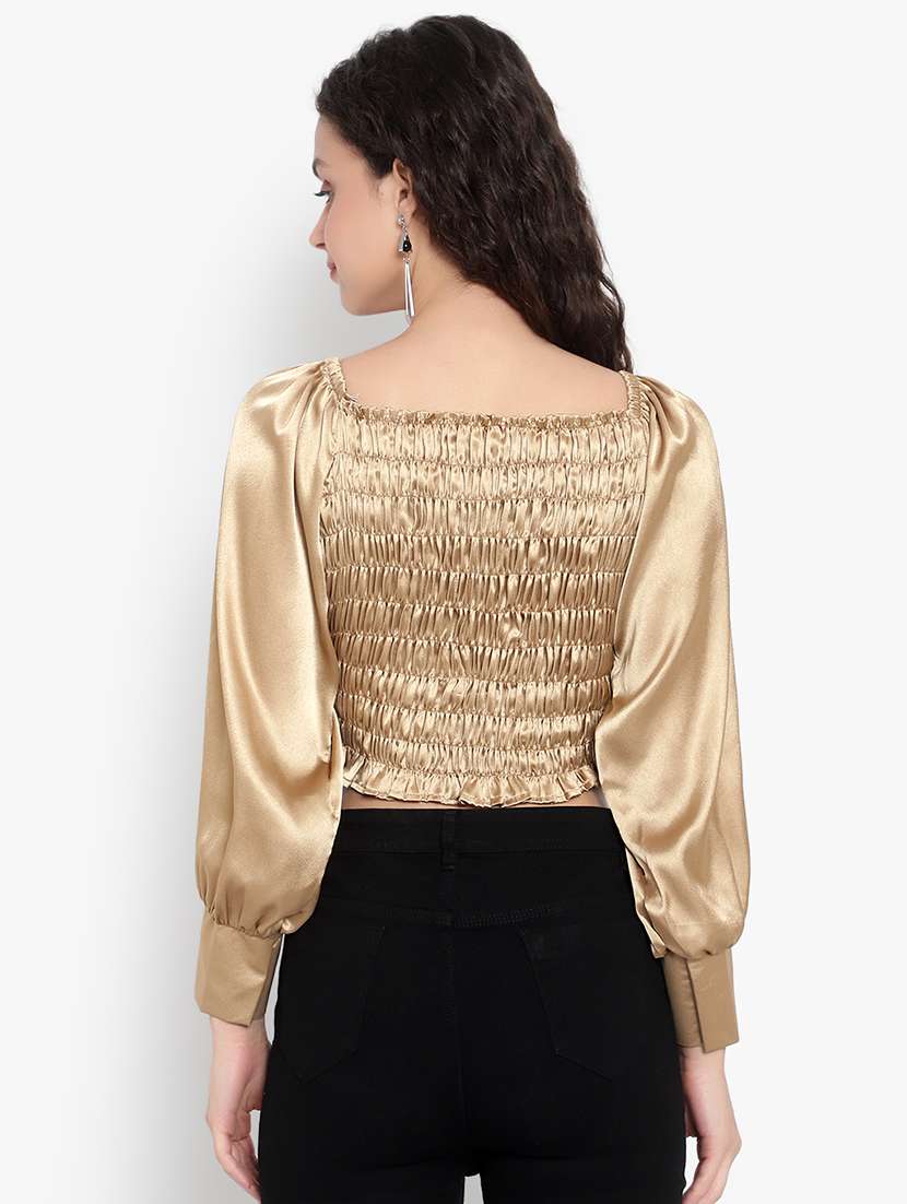 women solid smocked detailed crop top - 20550746 - Standard Image - 2