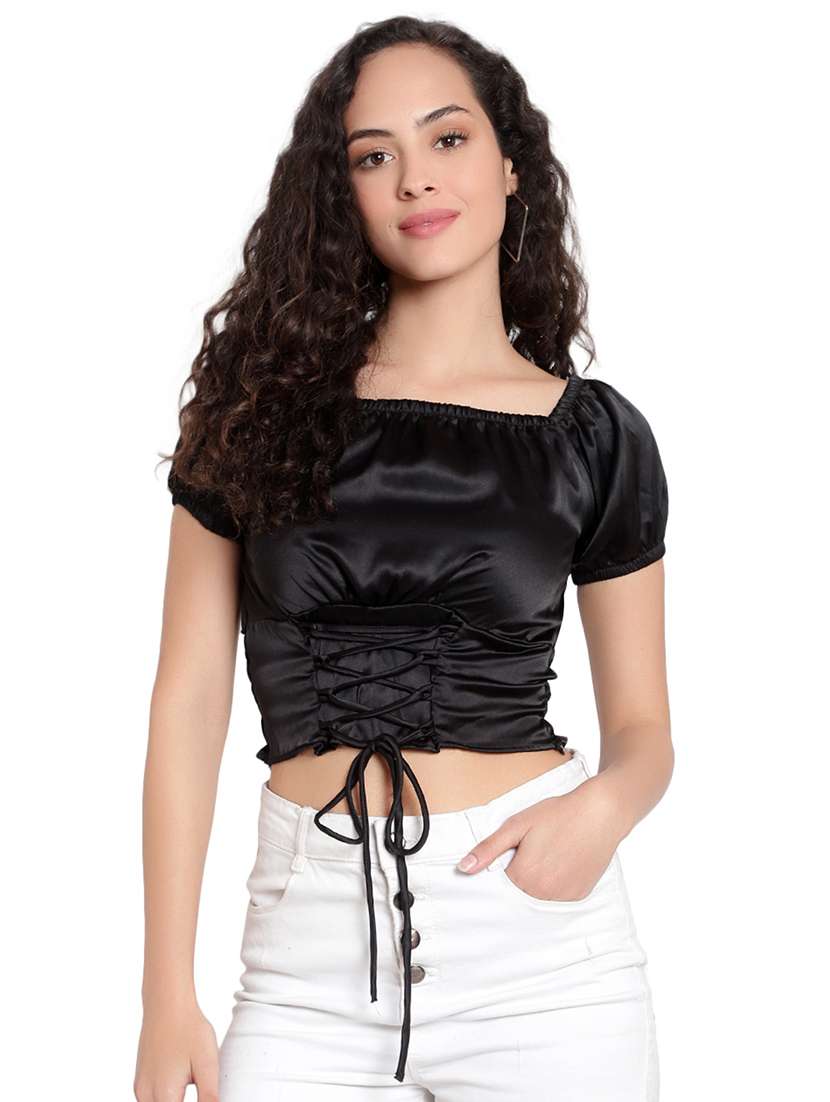 women solid smocked detailed crop top - 20550753 - Zoom Image - 0