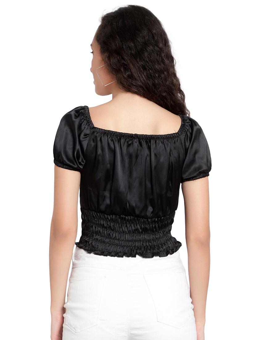 women solid smocked detailed crop top - 20550753 - Standard Image - 2