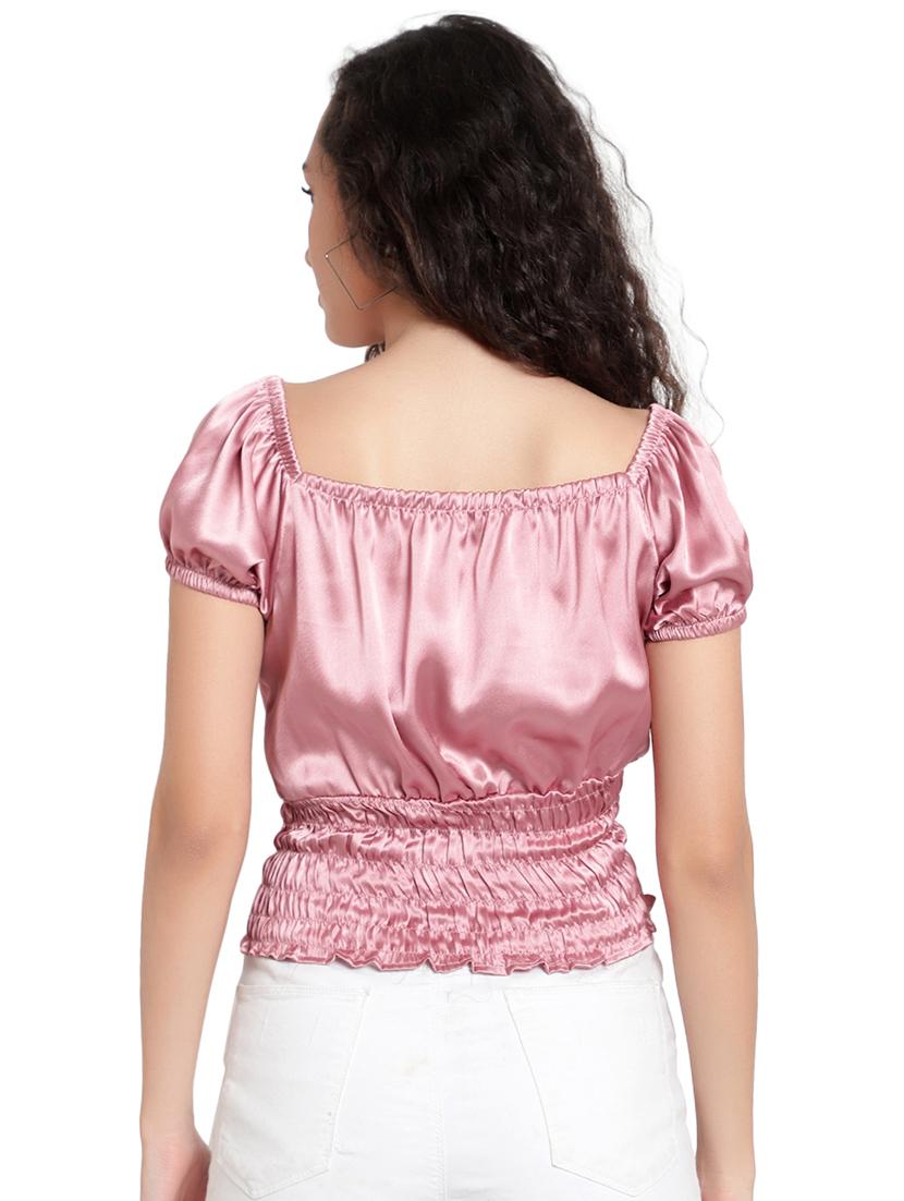 women solid smocked detailed crop top - 20550771 - Standard Image - 2
