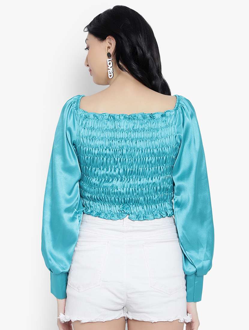 women solid smocked detailed crop top - 20550782 - Standard Image - 2