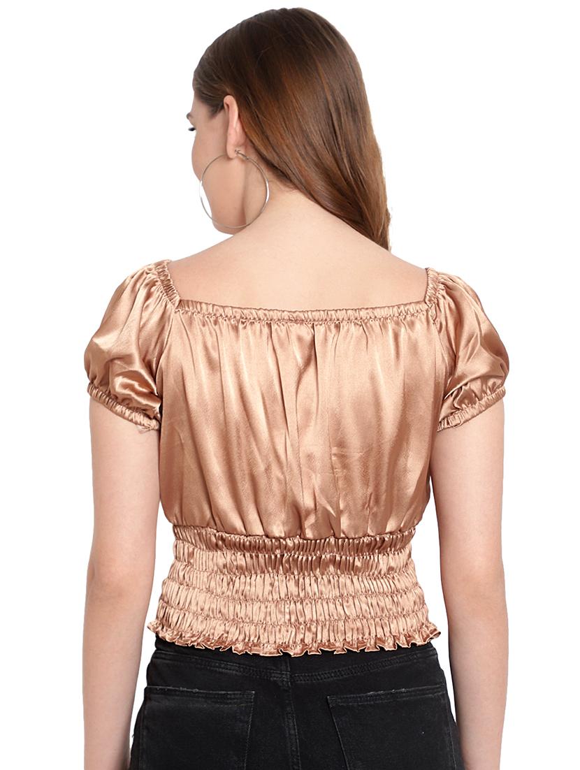 women solid smocked detailed crop top - 20550789 - Standard Image - 2