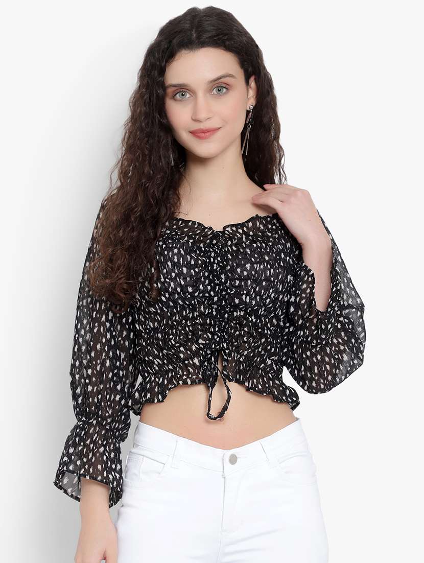 women printed smocked detailed crop top