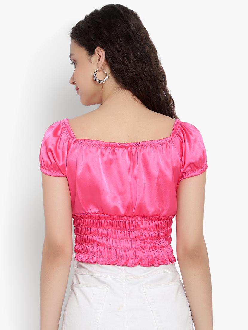 women solid smocked detailed crop top - 20550807 - Standard Image - 2