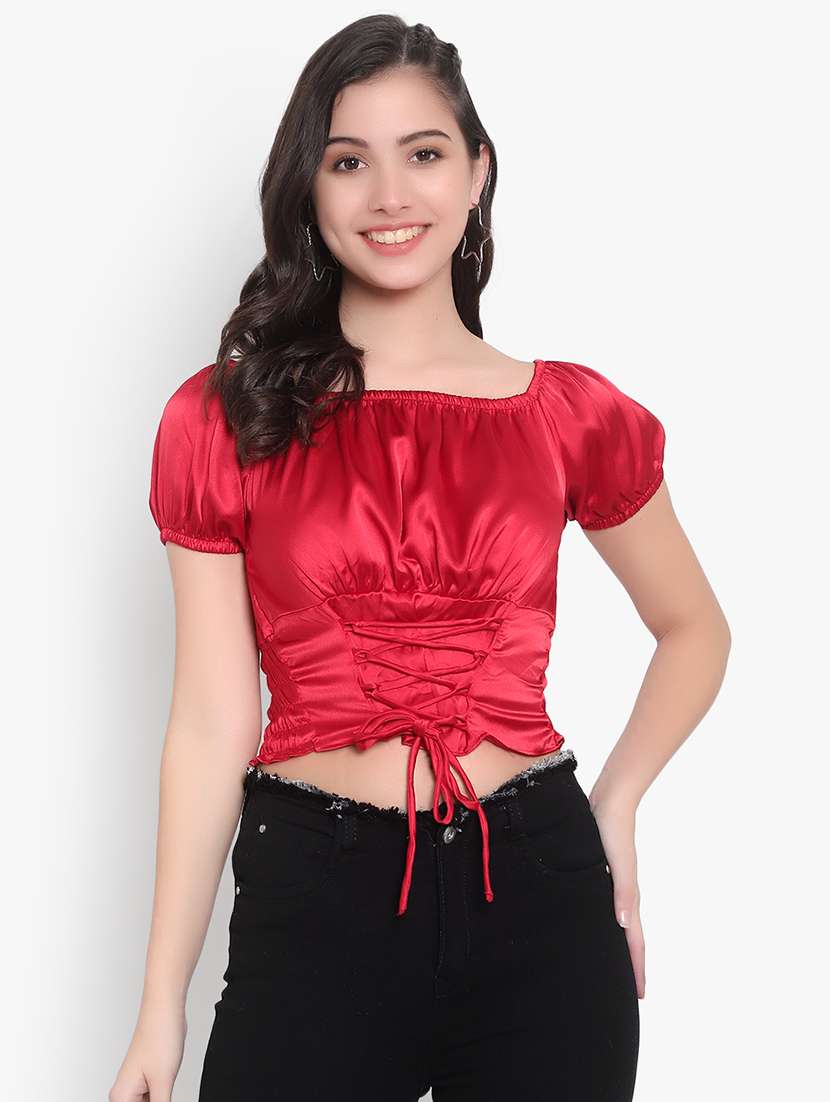 women solid smocked detailed crop top