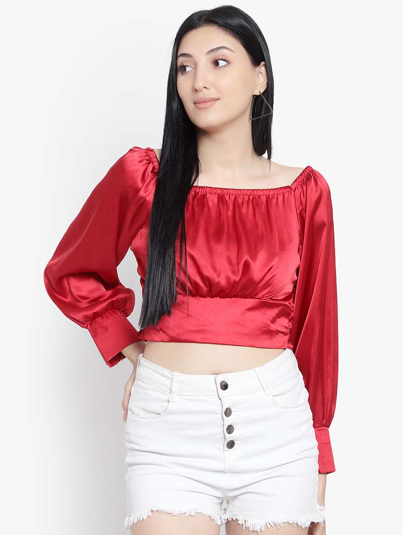 women solid smocked detailed crop top