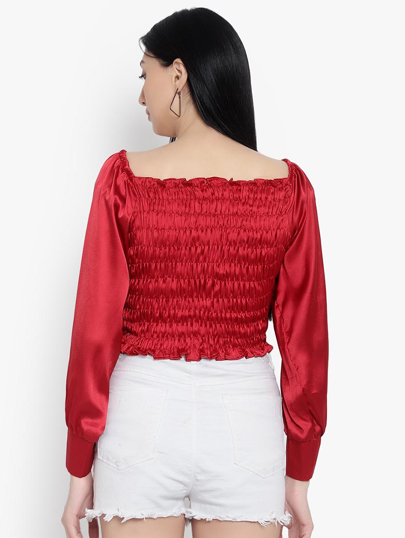 women solid smocked detailed crop top - 20550841 - Standard Image - 2