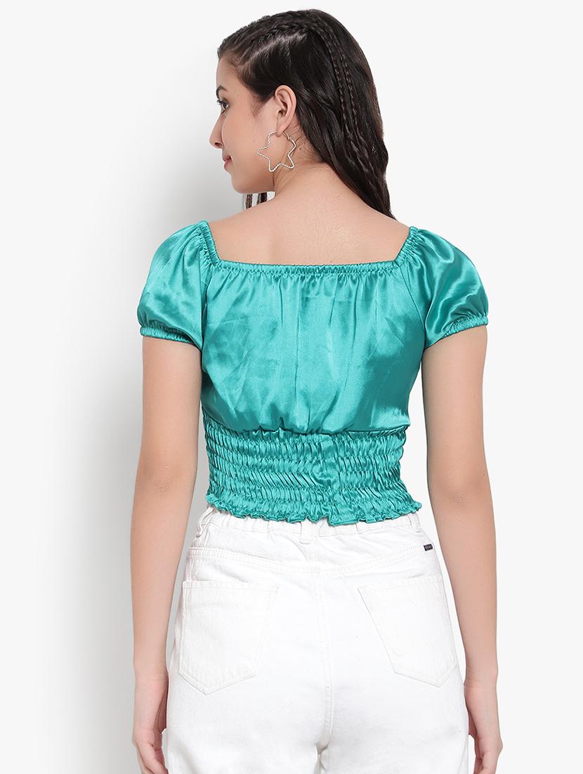 women solid smocked detailed crop top - 20550850 - Standard Image - 2