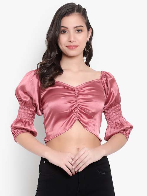 women solid smocked detailed crop top - 20550893 -  Standard Image - 0