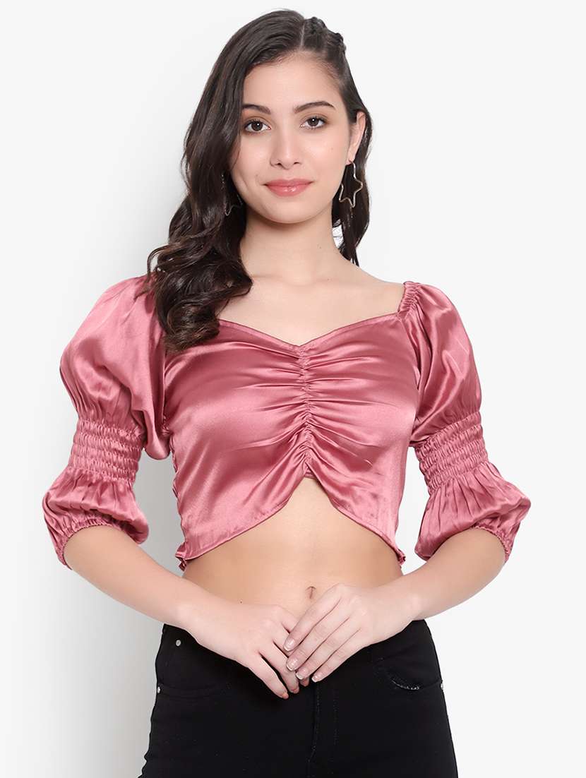 women solid smocked detailed crop top