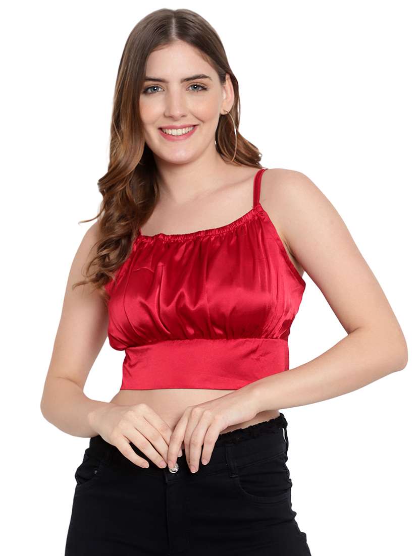 women solid smocked detailed crop top
