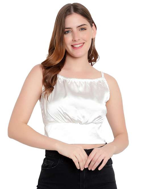 women solid smocked detailed crop top - 20551024 - Standard Image - 0