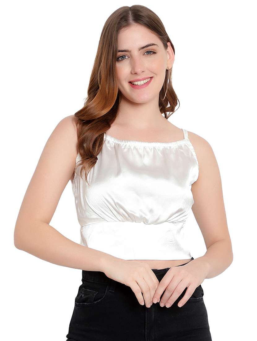 women solid smocked detailed crop top - 20551024 - Zoom Image - 0