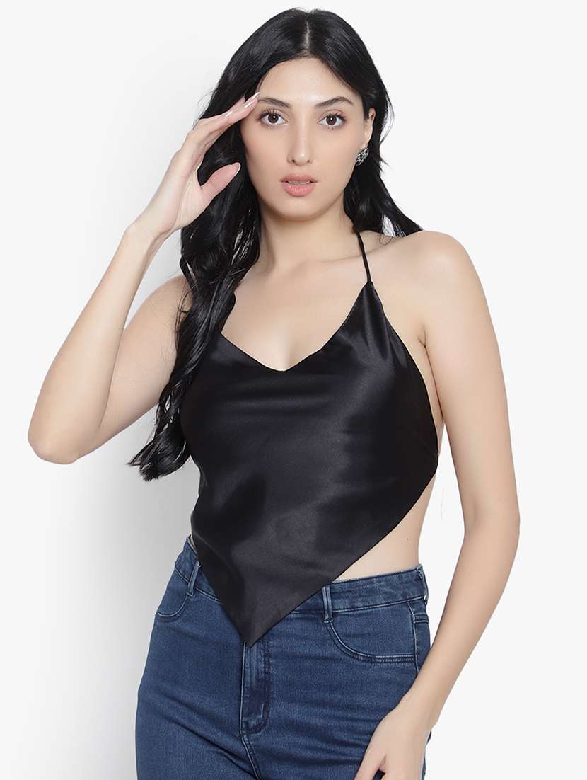 women solid halter nack backless top