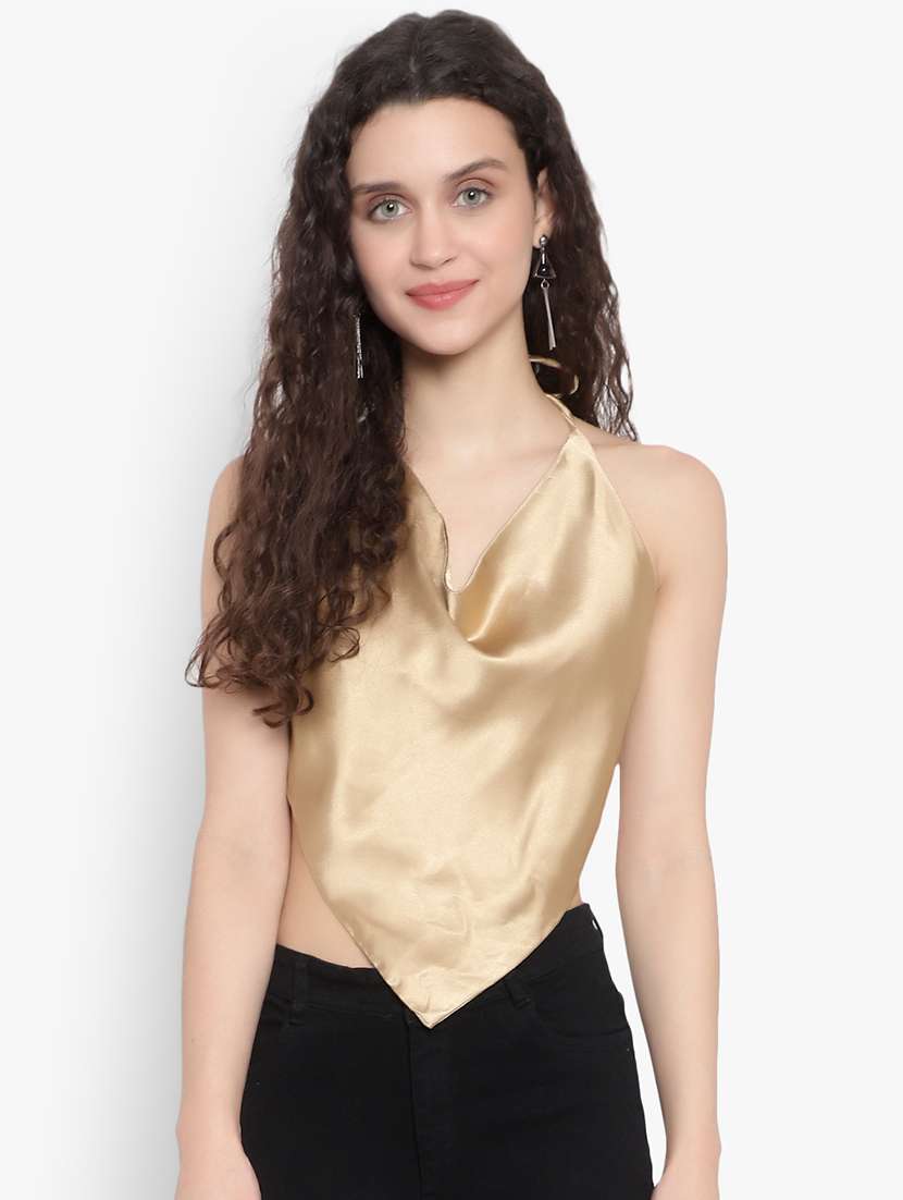 women solid halter nack backless top