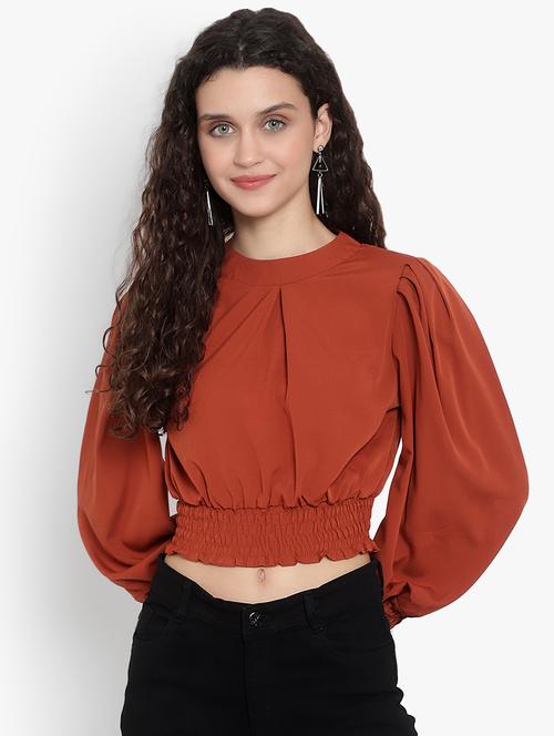 women solid puff sleeves crop top - 20551118 -  Standard Image - 0