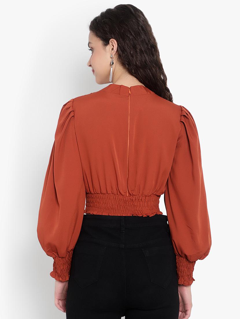 women solid puff sleeves crop top - 20551118 - Standard Image - 2