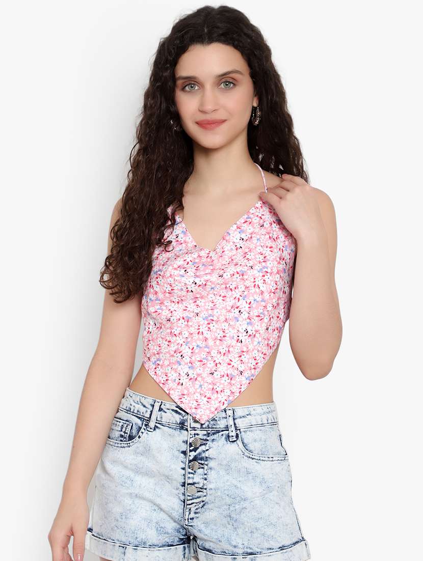 women floral print backless top