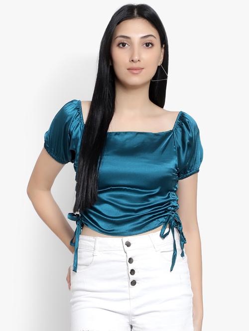 women solid smocked detailed crop top - 20551366 - Standard Image - 0