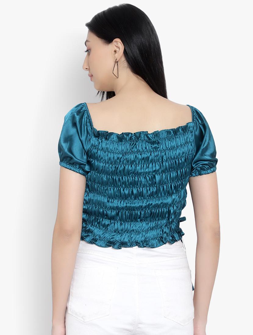 women solid smocked detailed crop top - 20551366 - Standard Image - 2