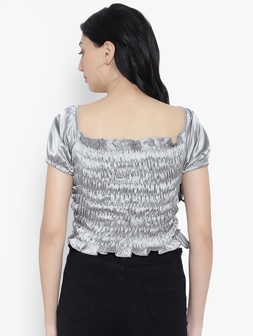women solid smocked detailed crop top - 20551384 - Standard Image - 2