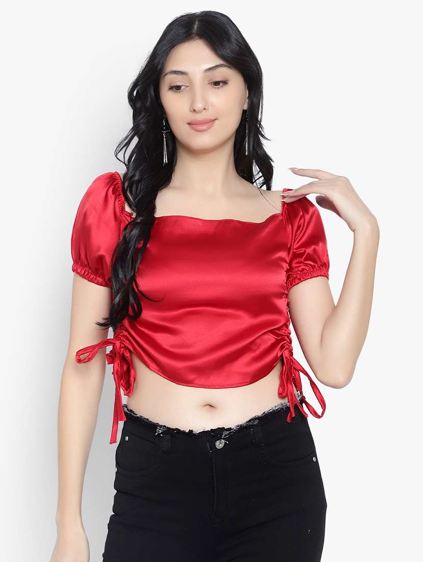 women solid smocked detailed crop top