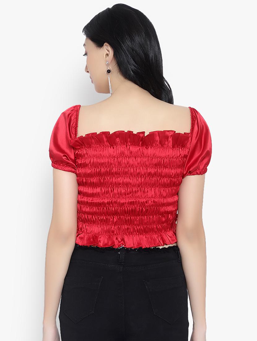 women solid smocked detailed crop top - 20551402 - Standard Image - 2