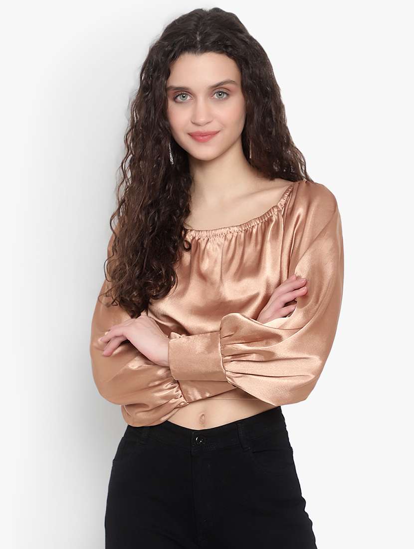 women solid smocked detailed crop top