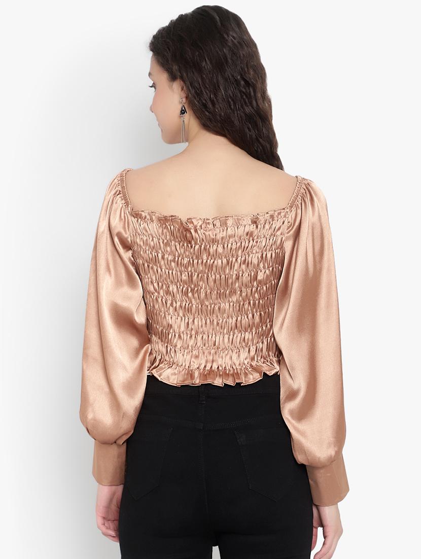 women solid smocked detailed crop top - 20551449 - Standard Image - 2