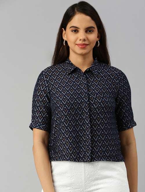 women printed collared short sleeve crop shirt - 20551777 -  Standard Image - 0