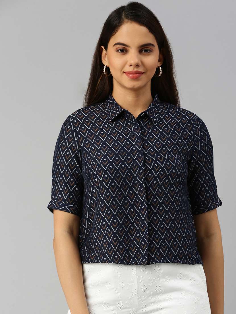 women printed collared short sleeve crop shirt - 20551777 -  Zoom Image - 0